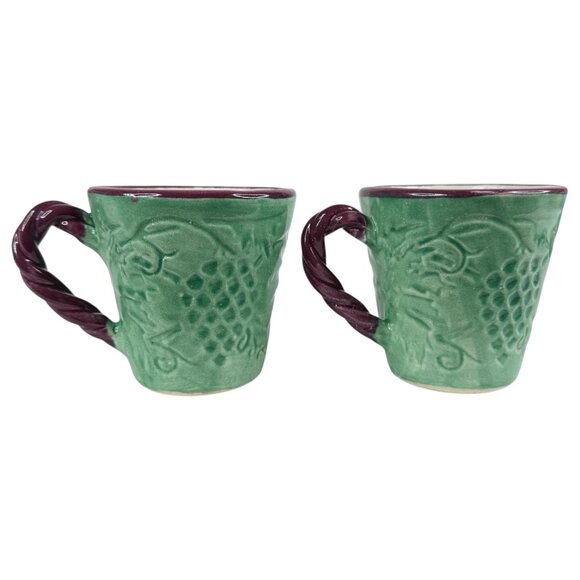 2 Fioriware Jardinware Grape Garland Embossed Leaf Mugs Green Twisted Handle - Picture 3 of 7